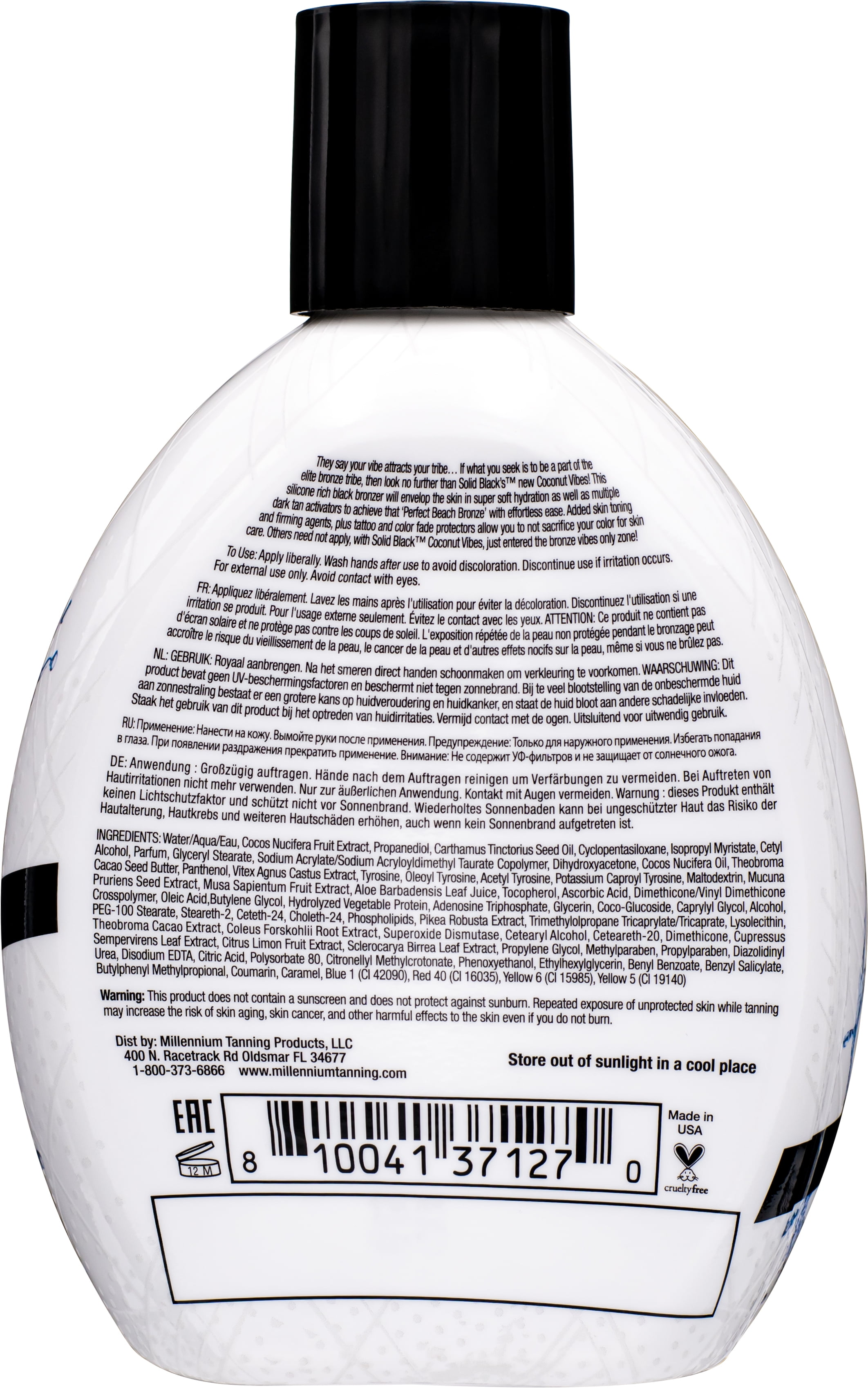 Millennium Tanning Solid Black COCONUT VIBES Infused Black Bronzer Dark Tanning Activators - Tattoo & Color Fade Protectors Super Hydration Blend Indoor/Outdoor Tanning Lotion 13.5 fl oz