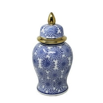Sagebrook Home Ceramic 14" Temple Jar With Dahlia Flower, Blue/White with Gold Trim
