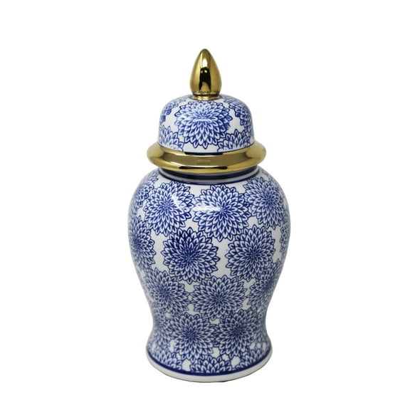 Sagebrook Home Ceramic 14" Temple Jar With Dahlia Flower, Blue/White with Gold Trim