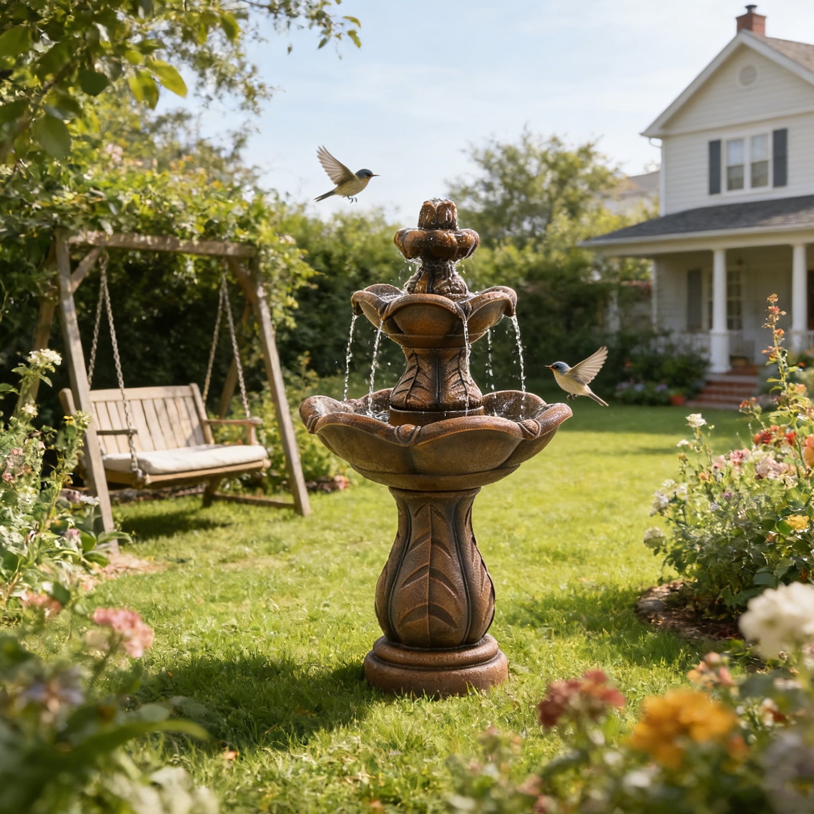 3-Tier Cascading Outdoor Water Fountain, Bird Bath Waterfall Fountain, Freestanding Fountain with Pump for Garden Yard