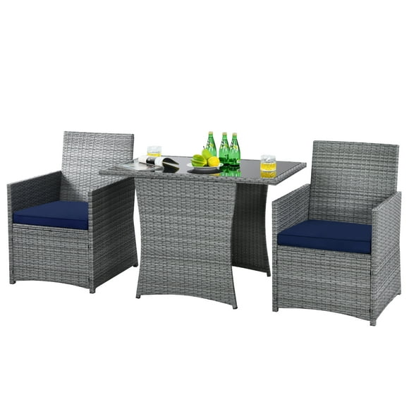 Patiojoy 3PCS Patio Rattan Furniture Set Outdoor Wicker Table & Chair Set w/Cushions Navy