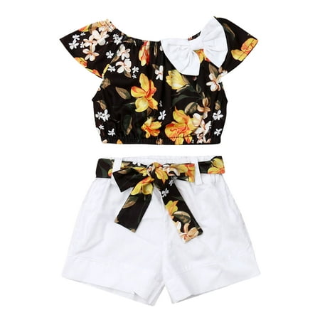

Canrulo 2PCS Toddler Kids Baby Girls Floral Short Sleeve Bow Top Loose Shorts with Belt Summer Outfits Black 1-2 Years
