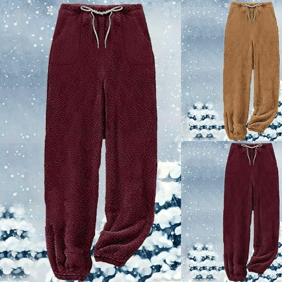Brondbend Fleece Pajama Pants Women Fuzzy Pants for Women Casual High Waist Solid Color Drawstring Plush Wide Leg Trousers with Pocket Baggy Fashion Fall Winter Warm Thick Sleep Bottom Joggers