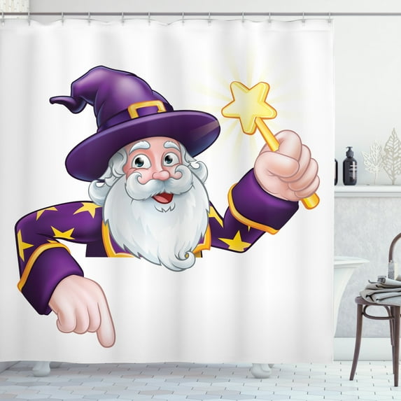 Magician Shower Curtain, Wizard Cartoon with Starry Wand Funny Character Layout, Fabric Bathroom Set with Hooks, 69W X 84L Inches Extra Long, Purple Mustard, by Ambesonne