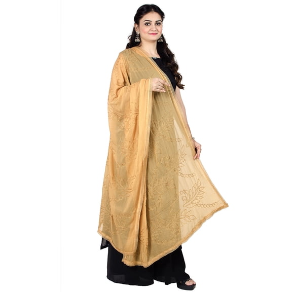 Chandrakala Women's Indian Beige Aari work Chiffon Dupatta Neck Wrap Long Stole Scarf Chunni,Free Size (D182BEI)