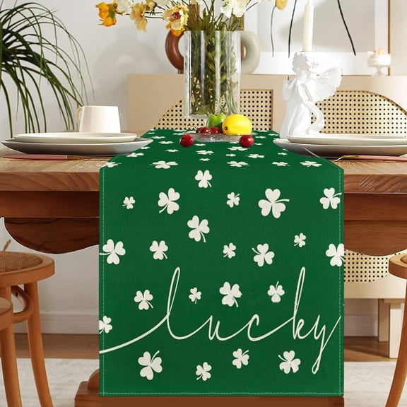 weibbin St Patrick's Day Table Runner 72x13 inch Linen Table Flag with Green s Pattern Heat Insulating