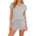 thumbnail image 3 of AnuYalue Women's 2 Piece Short Sets Summer Casual Cap Sleeve V Neck T-Shirt Fashion Drawstring Shorts Pajama Suits with Pockets, 3 of 8