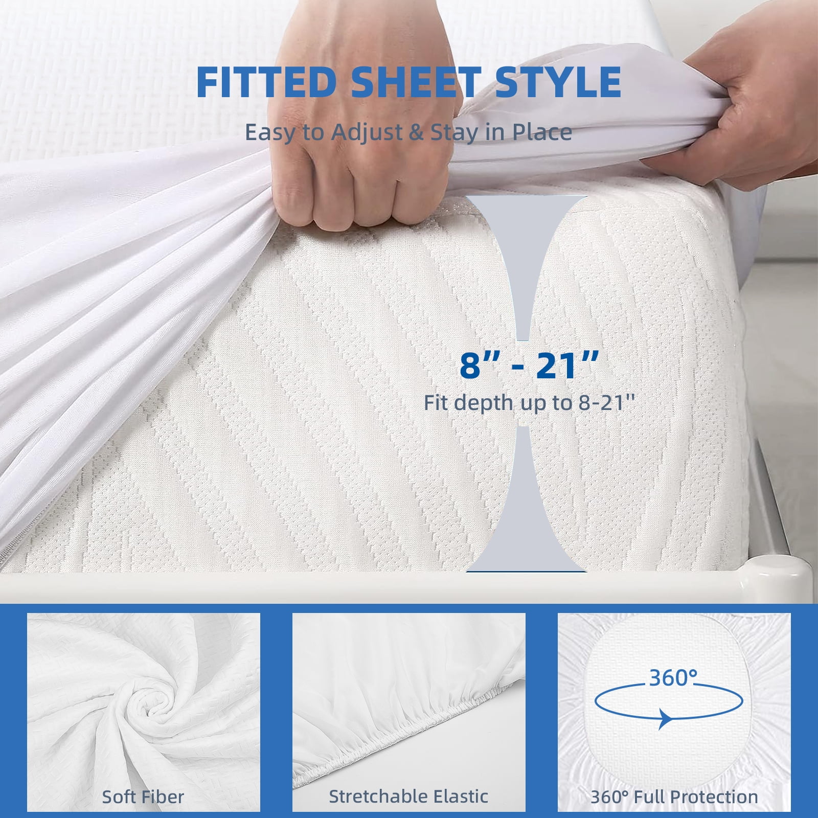 Queen Size 100% Waterproof Mattress Protector, Cooling Bamboo Mattress Cover Fitted 8"-21" Deep Pocket, 3D Air Fabric Soft Breathable bed Mattress Pad Cover Noiseless Washable (White, Queen)
