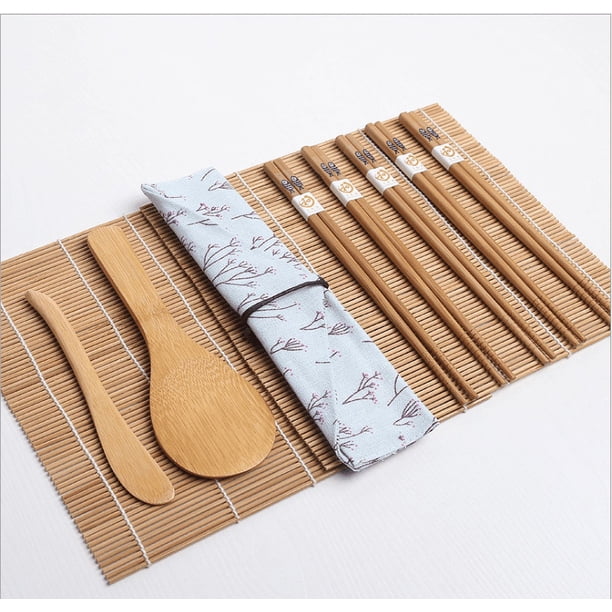 Kit para hacer sushi, tapete de bambú para sushi, que incluye 2 tapetes para enrollar sushi, 5 pares de palillos, 1 paleta, 1 esparcidor, bolsa de tela exquisita, kit de sushi para principiantes