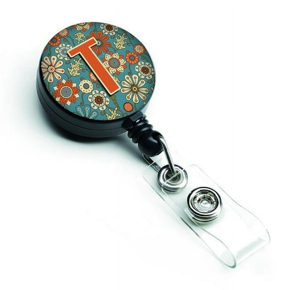 Carolines Treasures CJ2012-TBR Letter T Flowers Retro Blue Retractable Badge Reel