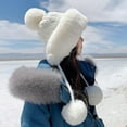 thumbnail image 3 of harmtty Faux Fur Knitted Beanie Hat for Cold Weather Cute Four Pompom Ball Cossack Skiing Furry Hat Winter Thicken Warm Hat Beige, 3 of 8