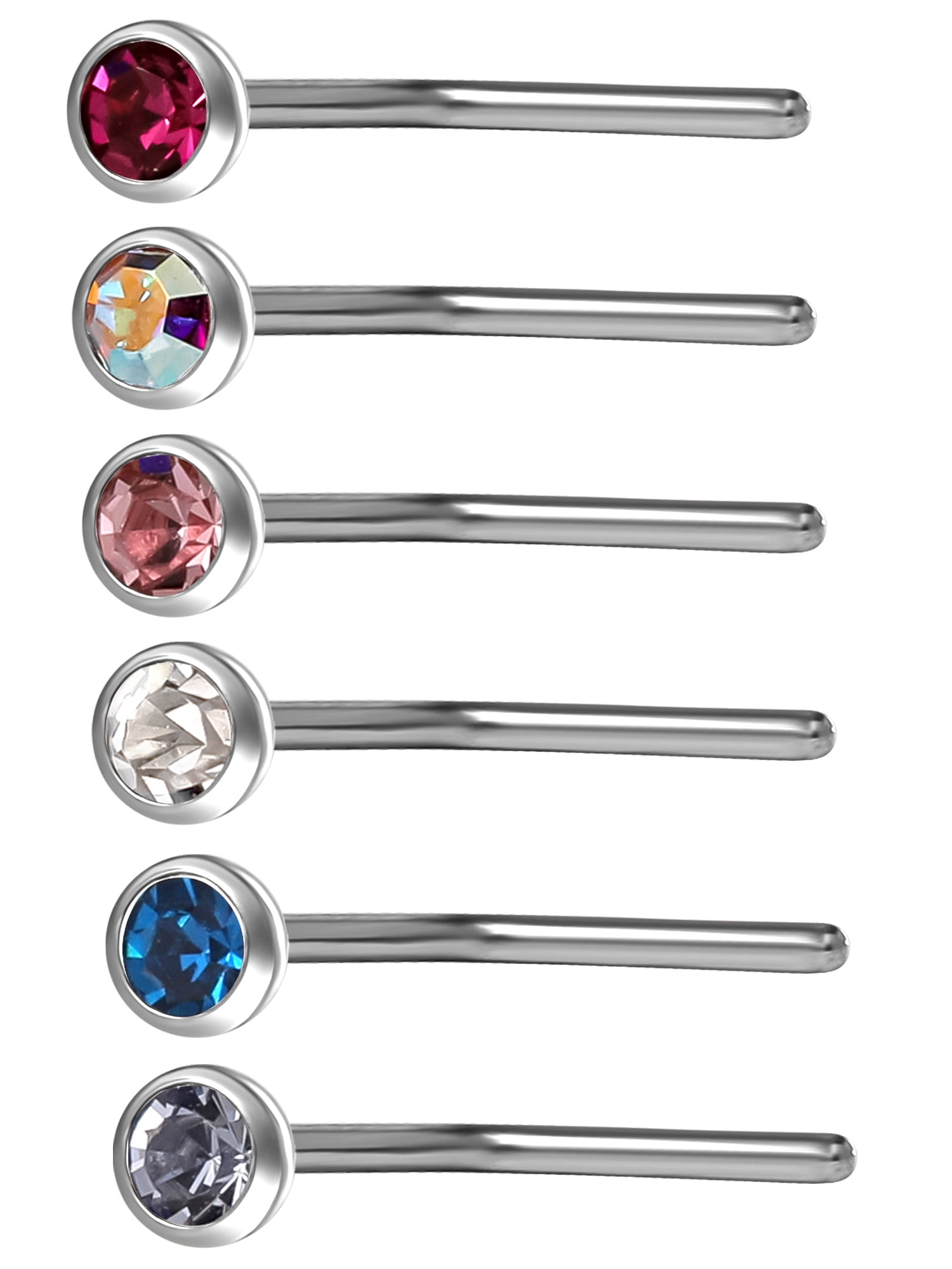Women's Multi-Colored Crystal Stainless Steel 22G Nose Studs Set, 6-Pack
