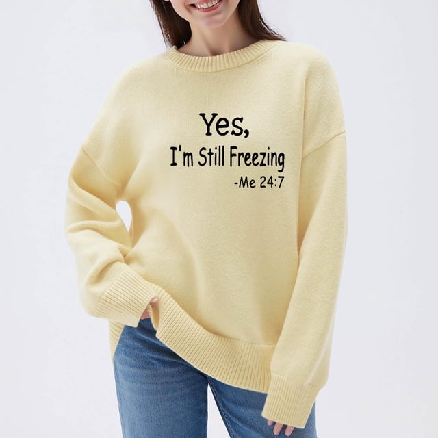 HOZADOIE Pulls pour Femmes Imprimé Lettre Couleur Unie Manches Longues Col Rond Polyvalent Ample Simple Confortable Chandail Automne Hiver Style