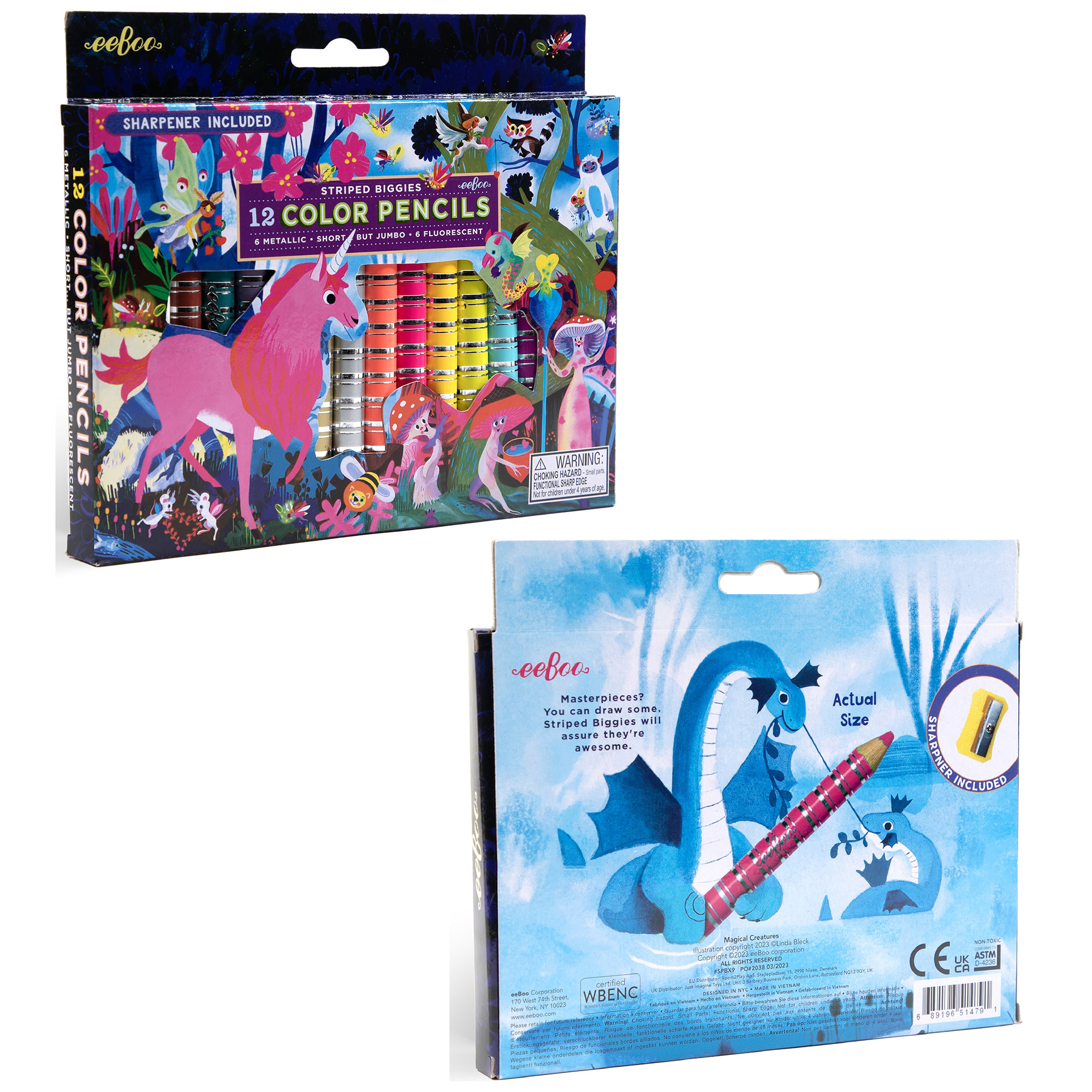 eeBoo: Striped Biggies 12 Color Pencils: Magical Creatures - 12pc Set w/ 6 Fluorescent & 6 Metallic Colors, Includes Sharpener, Art Supplies, Kids Ages 4+