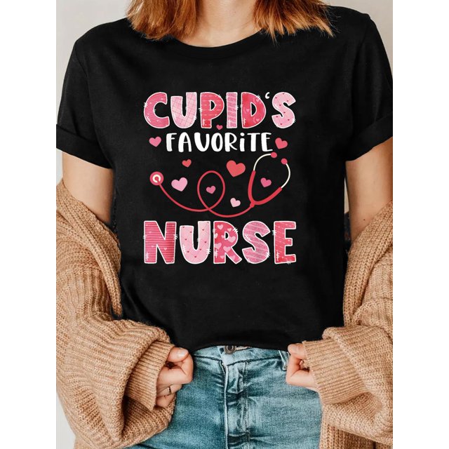 Women'S Casual Crew Neck T-Shirt, 100% Cotton, Short Sleeve Regular Fit with Slight Stretch, Valentine'S Day Cupid'S Favorite Nurse Print, All-Season Knit Pullover Top Tee For Adult, Men, Women, Teen