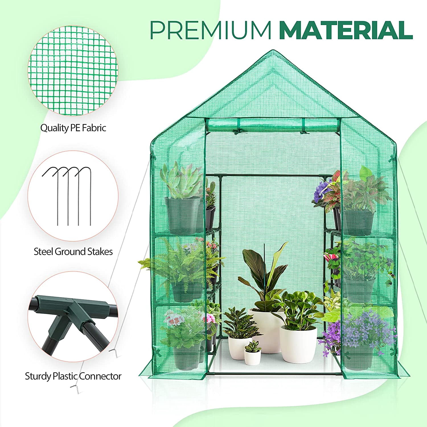 EAGLE PEAK Walk-in Greenhouse 2 Tiers 8 Shelves with Roll-up Zipper Door and 2 Side Mesh Windows, Outdoor Indoor Portable Gardening Plant House 56 x 56 x 77 in , Green