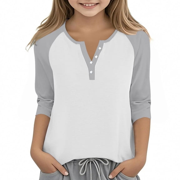 XADYUY Girls Shirts 10-12 Colorblock 3/4 Sleeve Toddler T-Shirt Button Down Toddler Girls T-Shirts Fashion Henley V Neck Cotton Tee Tops Girls,White,11-12Years
