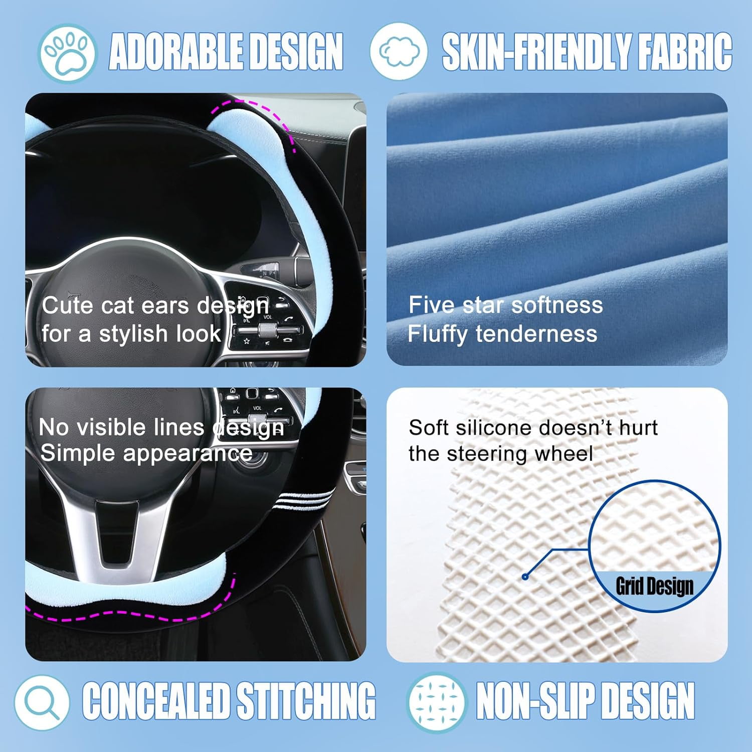 Furry Cute D Shaped Steering Wheel Cover, Soft Fluffy Short Plush Auto Accessories, Non-Slip Cold-Proof Sweat-Proof Colorfast, Universal 15 Inch, Black with Blue