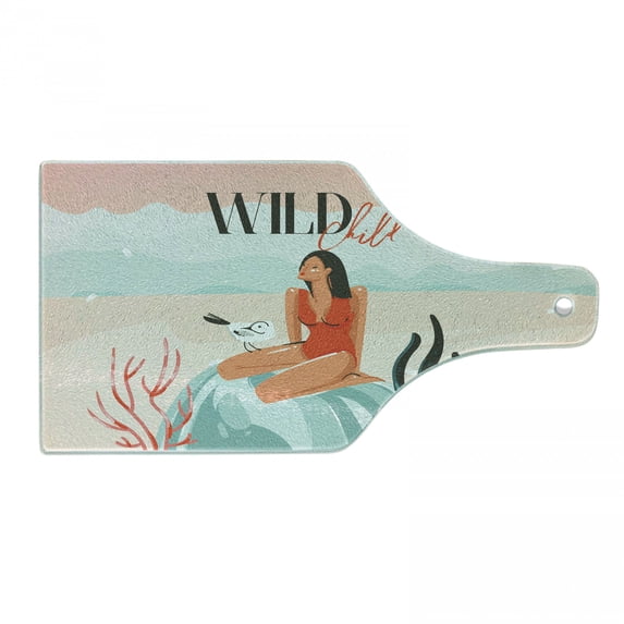 Graphic Beach Cutting Board, Wild Child Abstract Doodle of Girl Sits on a Rock with Seagull in Underwater, Decorative Tempered Glass Cutting and Serving Board, in 3 Sizes, by Ambesonne