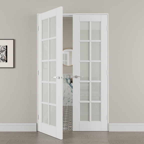48" x 80" 10-Lite Frosted Glass Double Doors with French Door Ready-to-Assemble Jamb, Solid Door, Silver Levers & Hinges, Interior Door, Pre-finished & Paintable, White