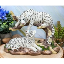 Jungle Frolic Siberian Bengal White Tiger Couple By Forest Curved Tree Figurine