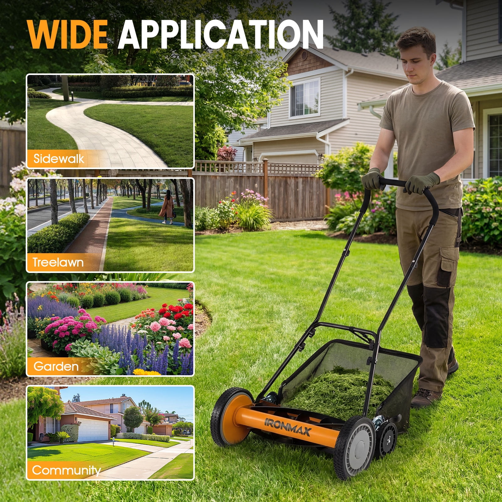 Ironmax 18” Push Reel Lawn Mower, 5-Blade Manganese Steel Manual Grass Cutter for Yard Orange
