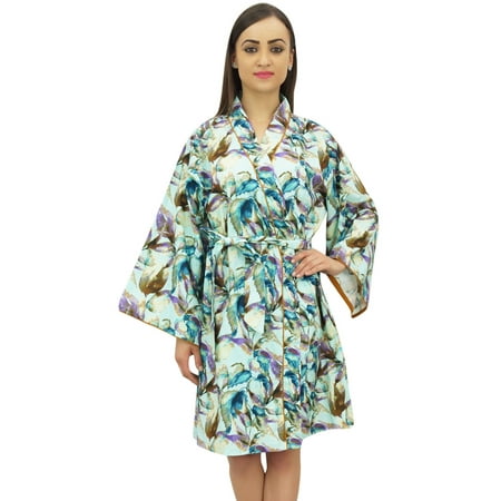 

Bimba Women Cotton Poplin Leaf Printed Short Kimono Robe With Belt Cover Up-24