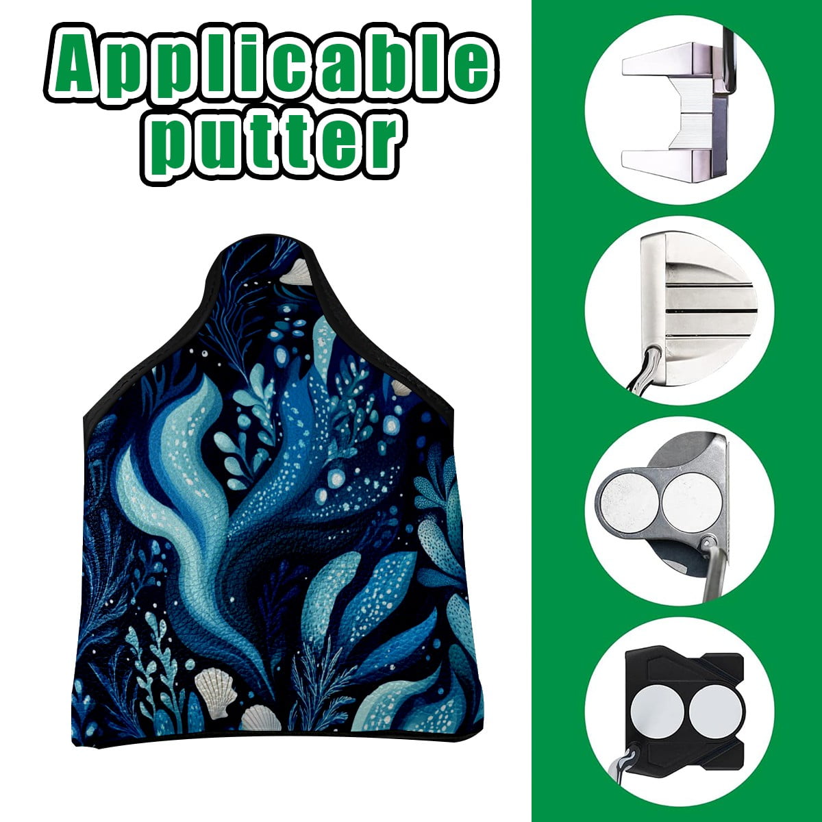 Golf Mallet Putter Cover Premium Leather Waterproof Golf Putter Head Cover with Magnetic Closure Sea Waves And Shells