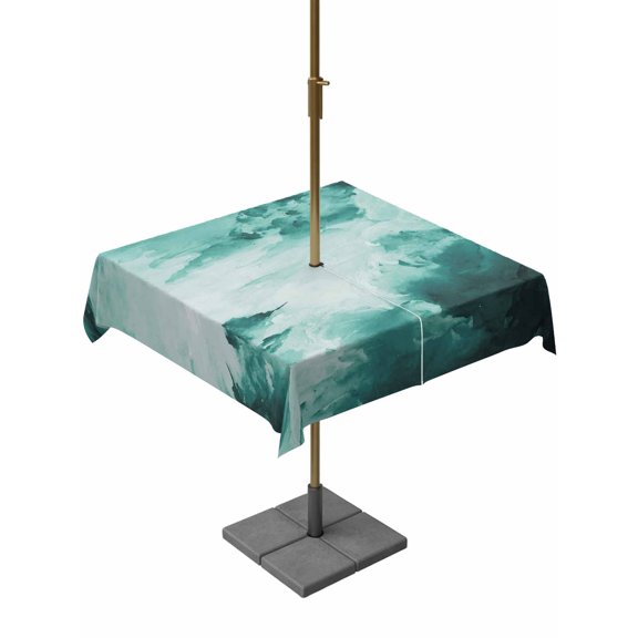 Outdoor Tablecloth with Umbrella Hole for Patio/Picnic/Party/Camping, Teal Green Ombre Clouds Waterproof Table Cloth Square Cover Washable, Modern Abstract Gradient Cloud (60"x 60")