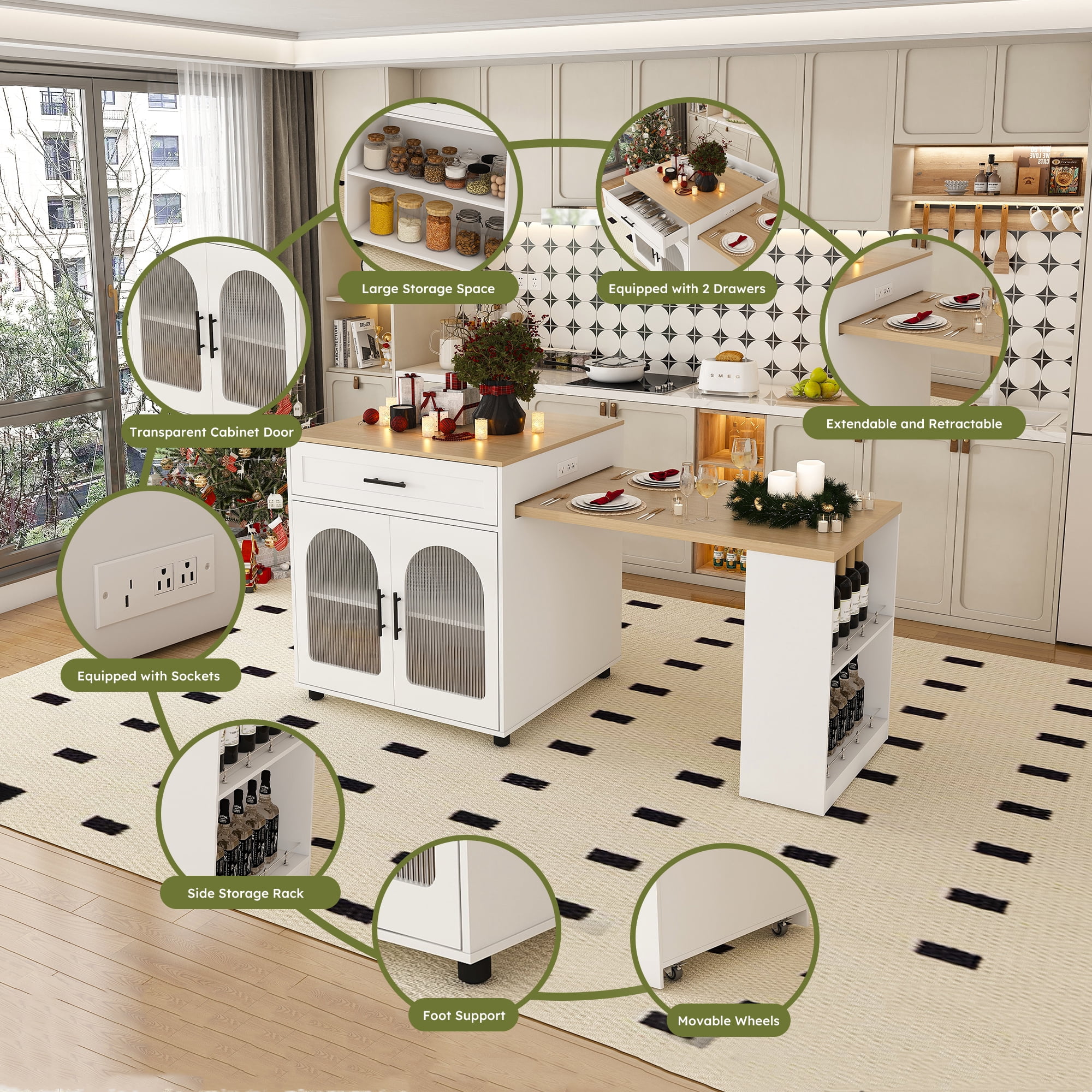 Leumius Large Kitchen Island with Extendable Dining Table and Power Outlet,Mobile Storage Cart with Cabinet & 2 DrawersIsland Table for Kitchen,White