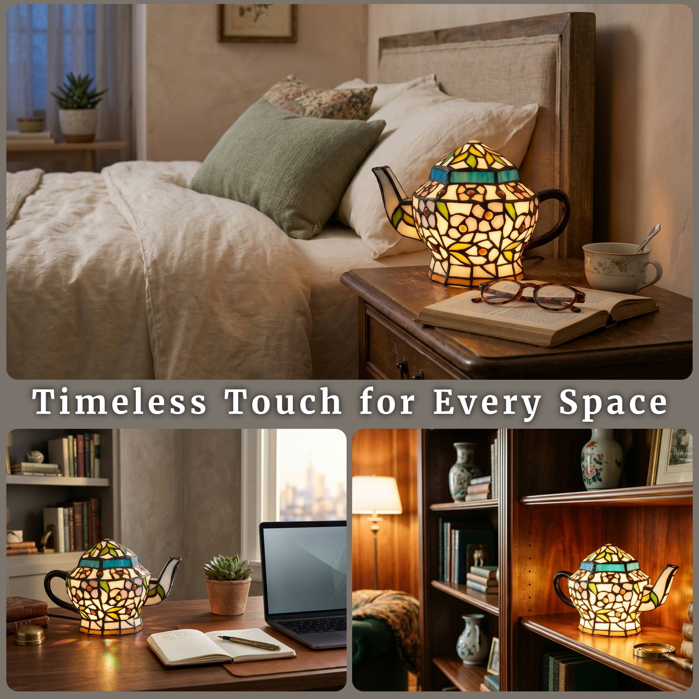 Lavish Home Teapot Lamp - Tiffany Style Stained Glass Table or Desk Light with LED Bulb Included