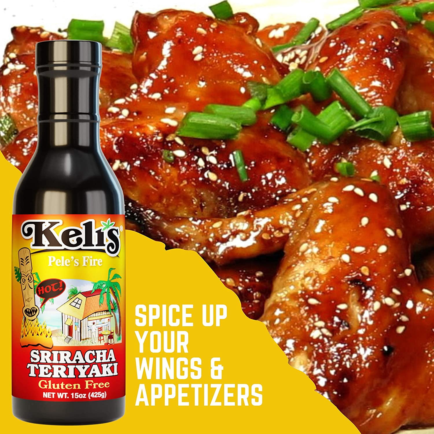 Keli’s Pele s Fire Sriracha Teriyaki, Hot and Spicy Teriyaki Marinade with a hint of Sriracha and Pineapple. Flavorful Teriyaki Wing Sauce - Made With Gluten Free Soy Sauce- 15 oz (Pack of 2)