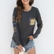 thumbnail image 2 of Blusa holgada de manga larga con cuello redondo y bolsillo en el pecho para mujer, 2 of 6