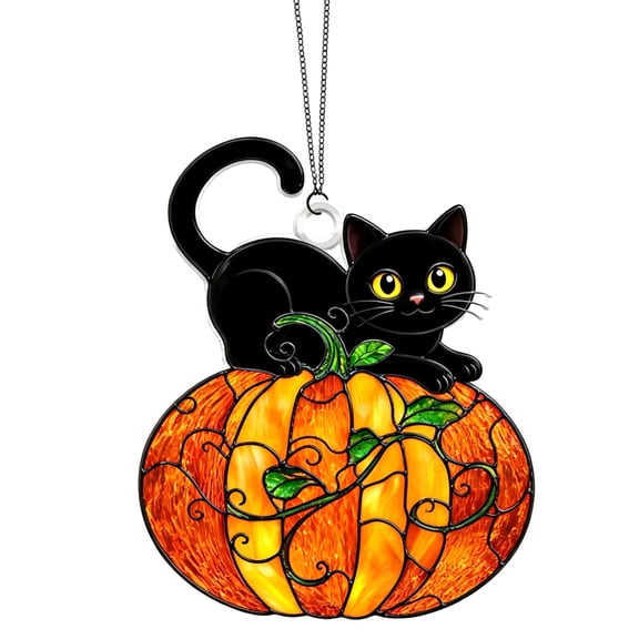 Halloween Decorations-Stained Glass Style Halloween Acrylic Hanging Decor,Black Cat On Pumpkin Decor,Colorful Acrylic Pendant for Window Home Fall Party Decor Halloween Gifts