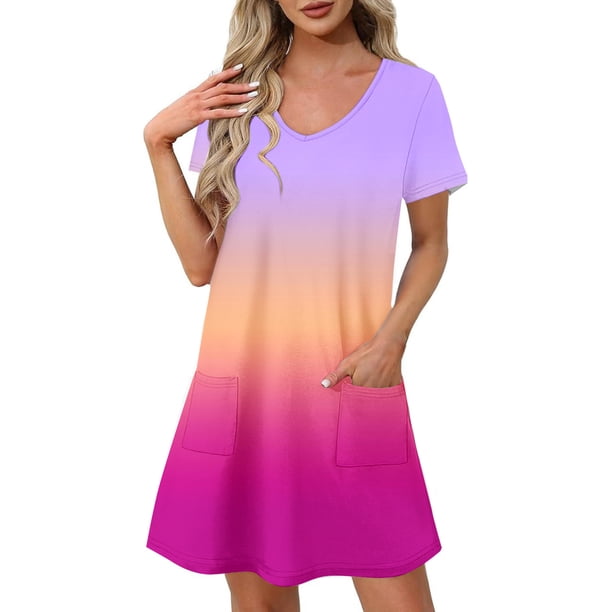 Vestido Corto de Verano Moda Gradiente Corto de Manga en V Cuello Vestido Casual, Poliéster Ligero de Verano, Lavado de Manos