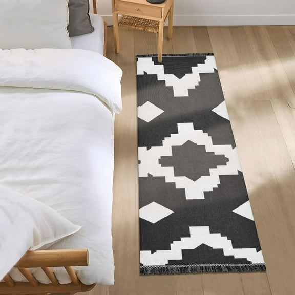 Black and White Abstract Pattern Bedside Runner Rug 2'x 6' Non Slip Carpet Floor Mat Area Rug