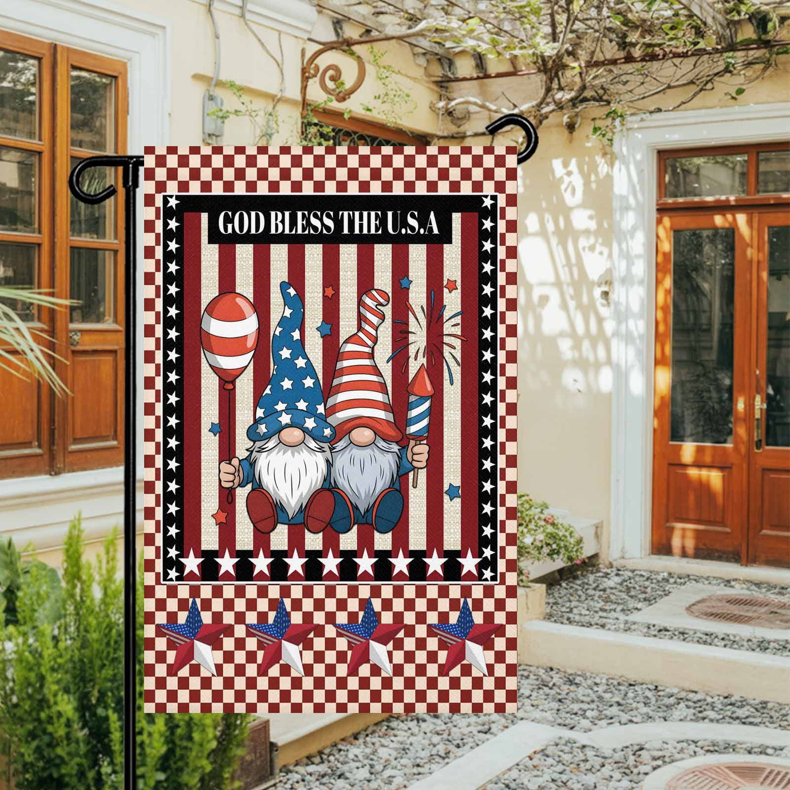 4th of July Garden Flags Patriotic Stars Stripes Garden Flag Double Sided Welcome Flag Gnomes God Bless USA Independence Day Yard Flags for Outdoor Lawn Porch Memorial Day Holiday Decor 28x40 Inch