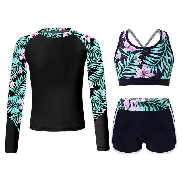 Xnihocha Ensemble de Sport 3 Pcs pour Filles Maillot de Bain Protection Solaire UPF 50+ Ensemble de Protection Éruption Lys 16
