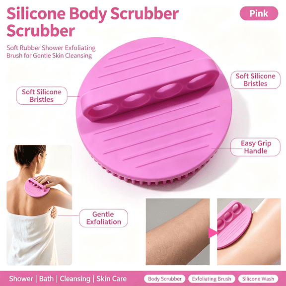 Silicone Body Scrubber - Soft Rubber Shower Exfoliating Glove with Hand Strap, Gentle Bath Massage Tool, 1 Count Pink Shower Scrubber for Women Men