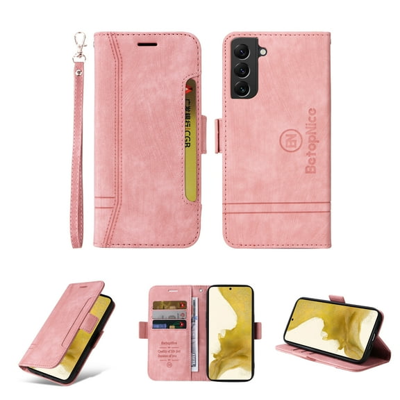 for Samsung Galaxy S22 Flip Case, Slide Card Pocket Premium PU Leather Folio Flip with Design Card Slots Wrist Strap Shockproof Kickstand Magnetic Protective Cover for Samsung S22, Pink