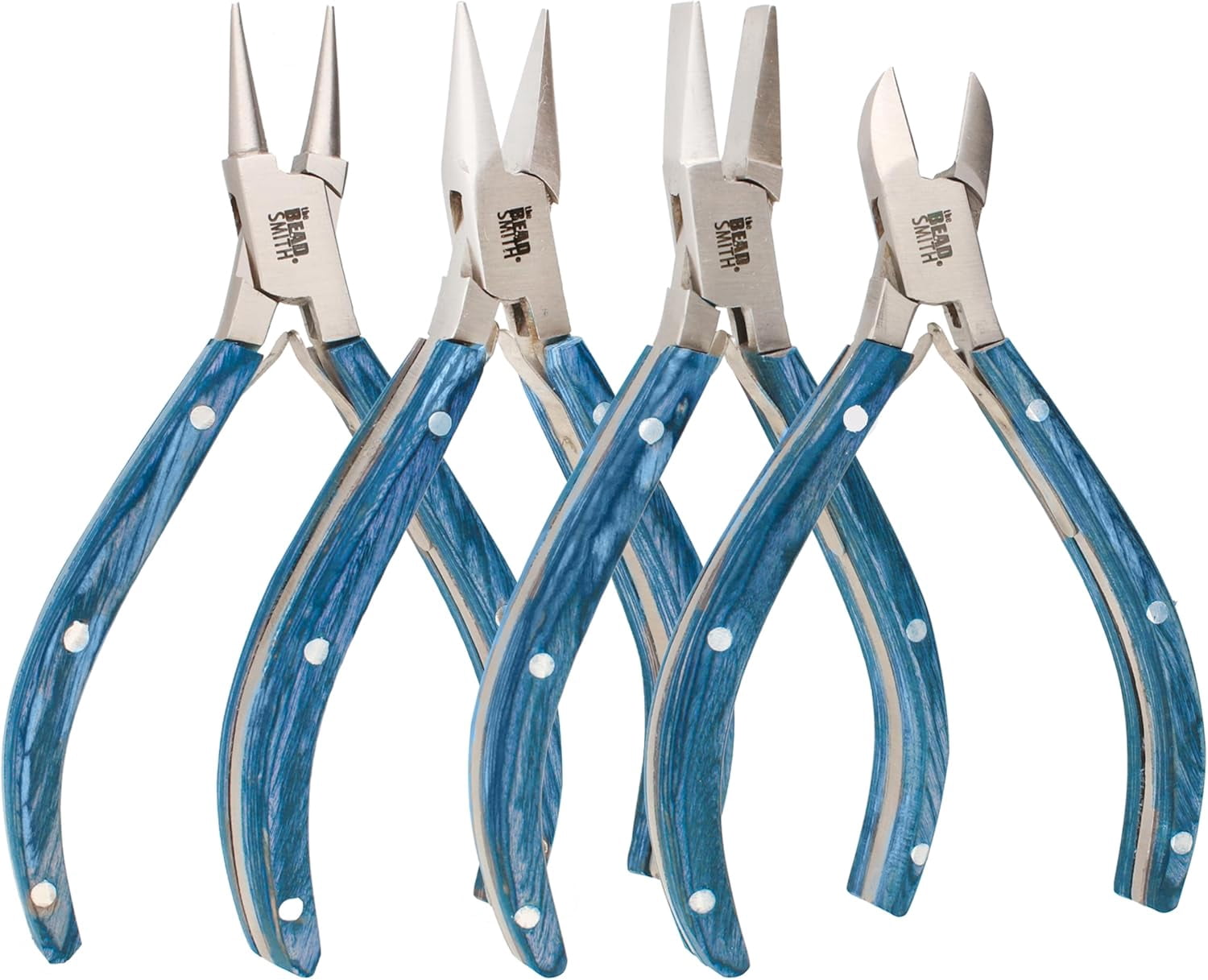 The Beadsmith Natural Elements Pliers Set - 4-Piece Kit: Chain Nose, Round Nose, Flat Nose, Side Cutter and Canvas Carrying Case – Blue Wooden Handles - Tools for Jewelry Making