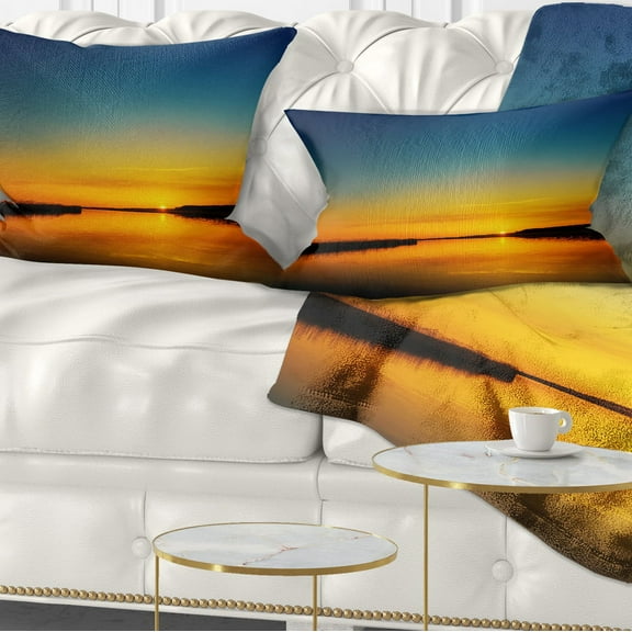 Designart Orange Sunset Over River - Skyline Photography Throw Pillow - 12x20