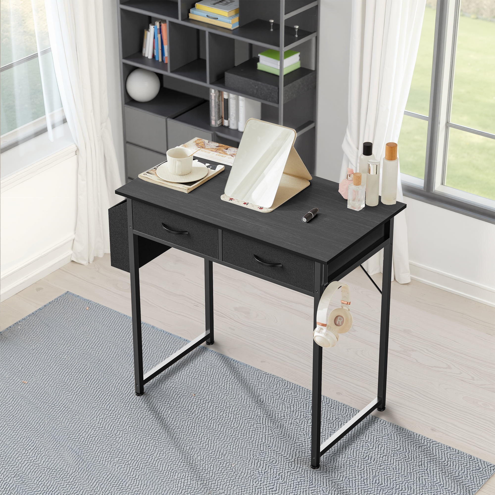 MAYEERTY 32in Adjustable Small Computer Desk, Metal Writing Study Table with Storage and Headphone Hook, Home Office