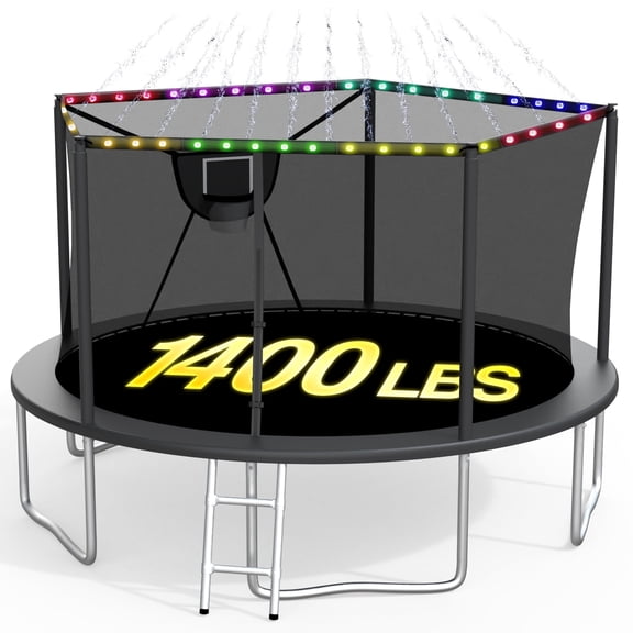 XMIKA 1400LBS 14FT Trampoline, Outdoor Trampolines for Kids with Enclosure Net, Trampoline with Basketball Hoop, Light, Sprinkler and Ladder, Heavy Duty Backyard Trampoline, Round Trampolines