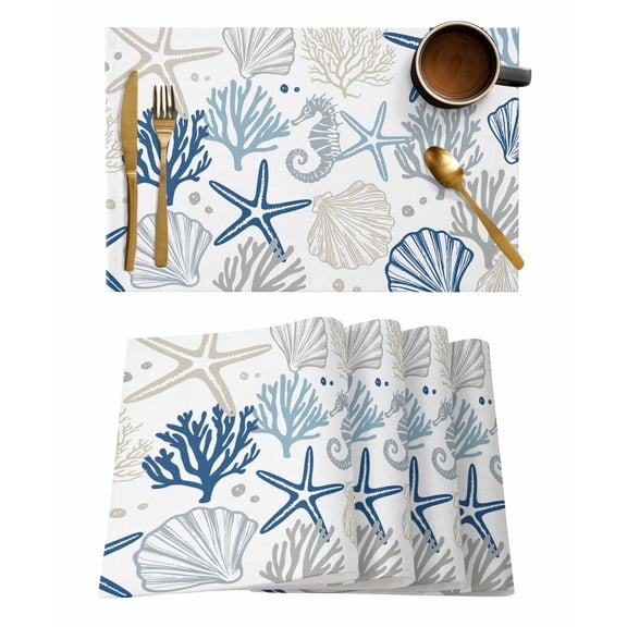 Navy Blue Coastal Placemats Set of 4, Summer Beach Coral Shell Ocean Placemats for Dining Table, Place Mats for Kitchen Tabletop, Waterproof Wipeable Dining Table Mats Set