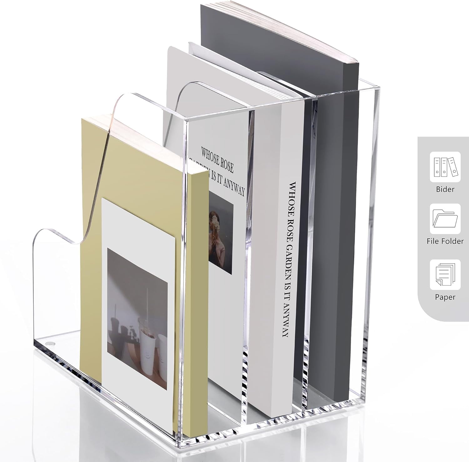 3 Slots Acrylic Magazine Holder, Desktop File Sorter Organizer Rack Bookshelf, Workspace Sorters Office Desk Accessories Organization Storage Stand, Clear