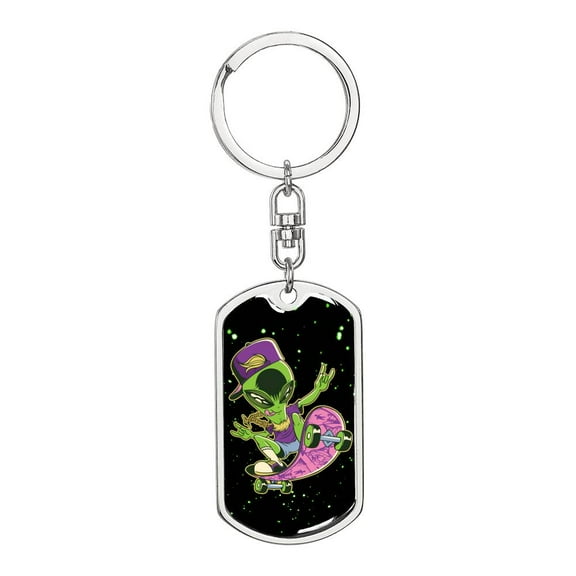 Skater Alien Stainless Steel or 18k Gold Premium Swivel Dog Tag Keychain