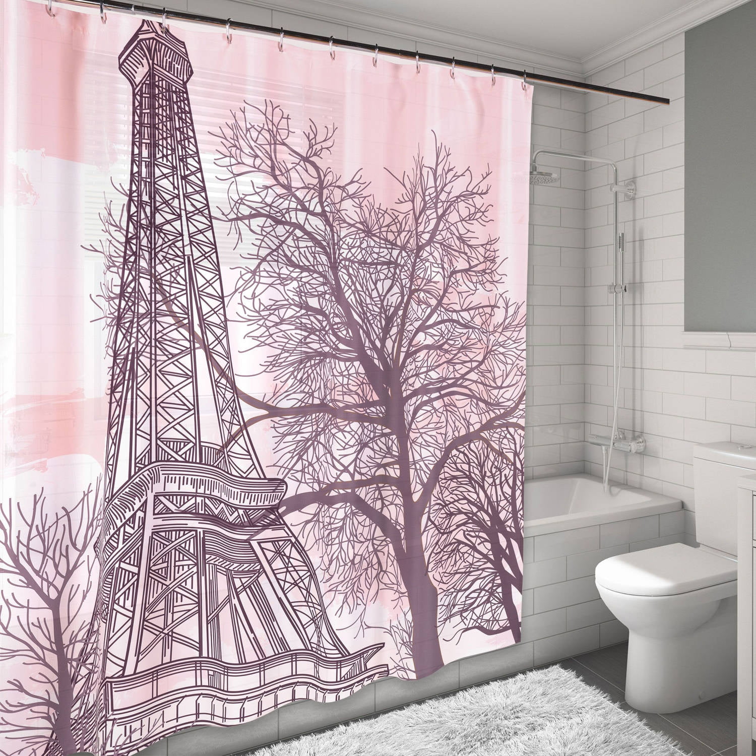 Red Lip Eiffel Tower Pattern Shower Curtain Bathroom Waterproof Fabric 72 inch 