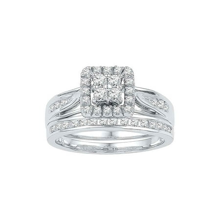 - 10kt White Gold Womens Diamond Square Cluster Bridal Wedding Engagement Ring Band Set 1/4 Cttw