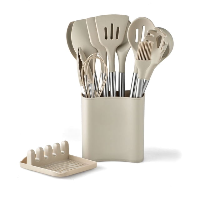 Juego de 13 piezas de utensilios de cocina, cuchara de silicona de acero inoxidable, espátula, cucharón, juego de utensilios de cocina
